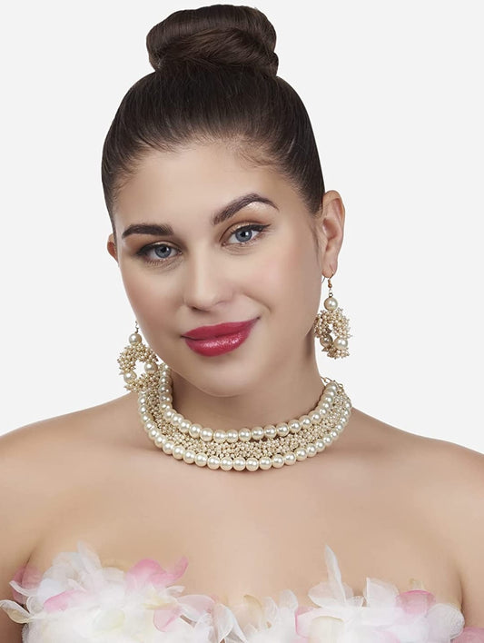 Gold Tone Multistrand Cluster Pearls Choker Necklace & Earring Set