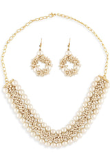 Gold Tone Multistrand Cluster Pearls Choker Necklace & Earring Set