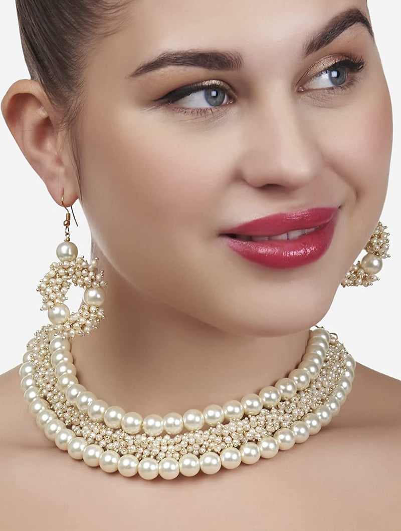 Gold Tone Multistrand Cluster Pearls Choker Necklace & Earring Set