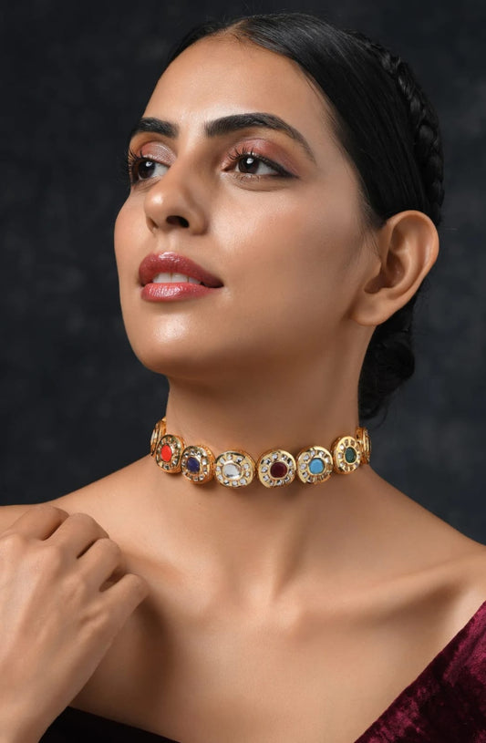 Gold Plated Multicolor Kundan Choker Necklace