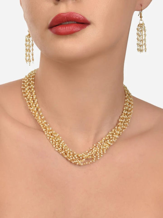 Gold Tone Ethnic Multistrand Pearls Necklace & Earring Set