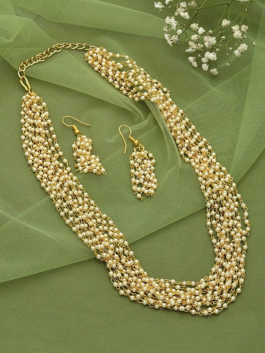 Gold Tone Ethnic Multistrand Pearls Necklace & Earring Set