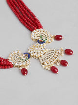 Gold Toned Kundan & Red Beaded Stone Enamel Jewellery Set