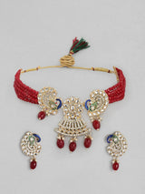 Gold Toned Kundan & Red Beaded Stone Enamel Jewellery Set