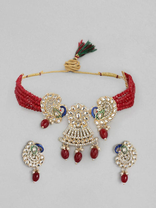 Gold Toned Kundan & Red Beaded Stone Enamel Jewellery Set