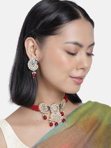 Gold Toned Kundan & Red Beaded Stone Enamel Jewellery Set
