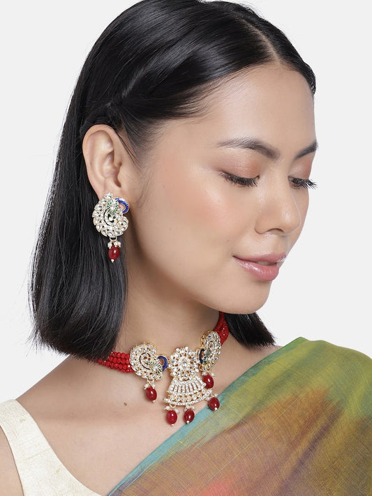 Gold Toned Kundan & Red Beaded Stone Enamel Jewellery Set