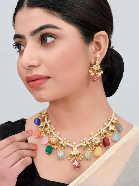Gold-Platead Handcrafted Multi tanjore Stone Jewellery Set