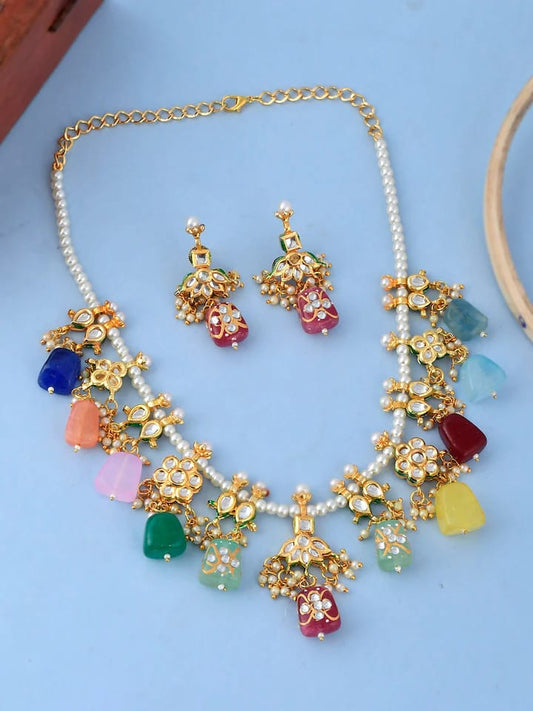Gold-Platead Handcrafted Multi tanjore Stone Jewellery Set
