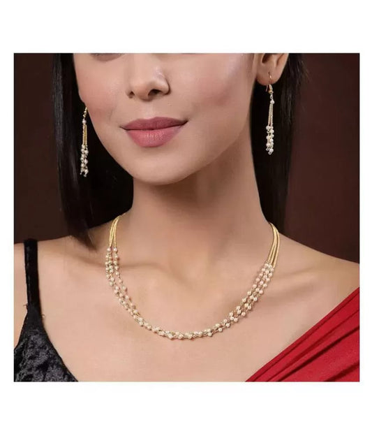 Gold-Plated Beaded Layered Necklace & Earrings Set