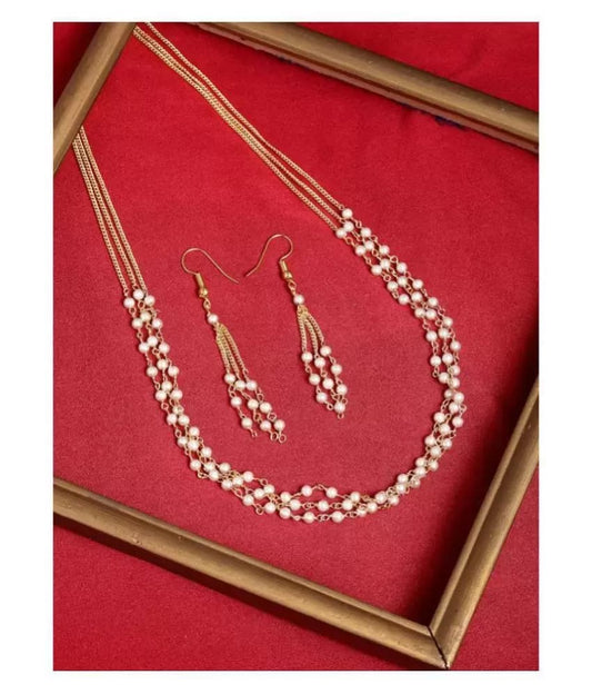 Gold-Plated Beaded Layered Necklace & Earrings Set
