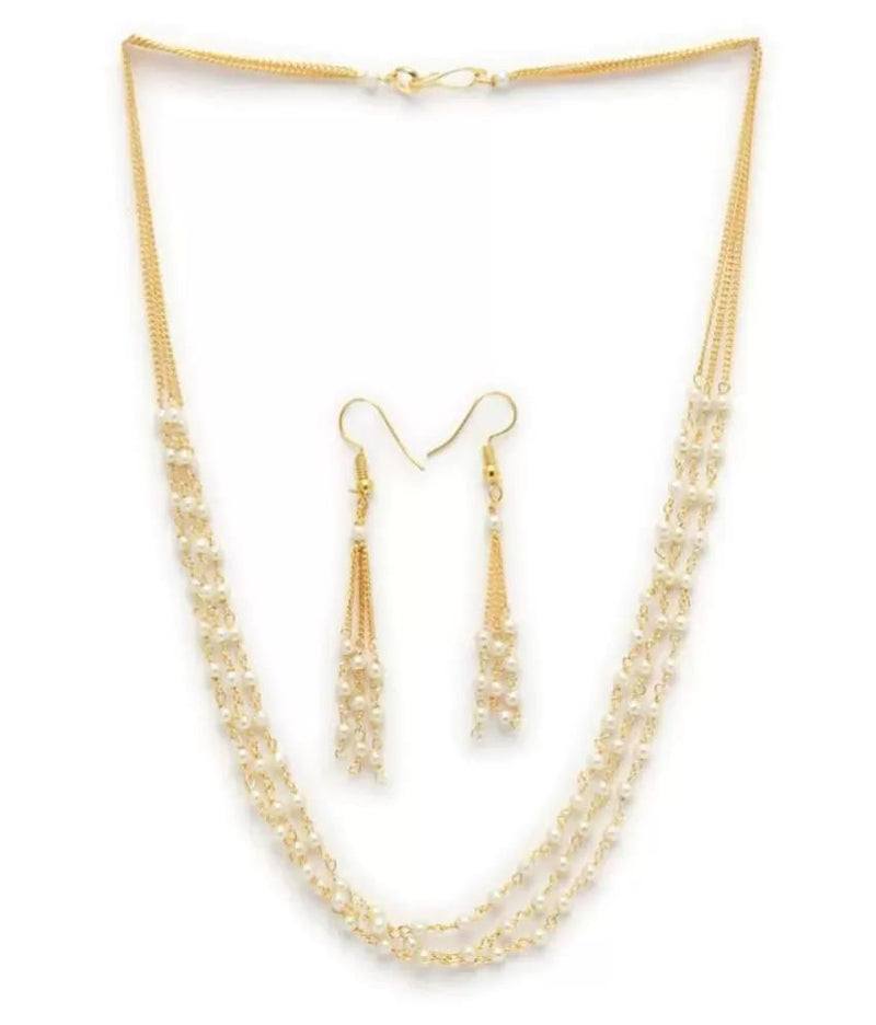 Gold-Plated Beaded Layered Necklace & Earrings Set