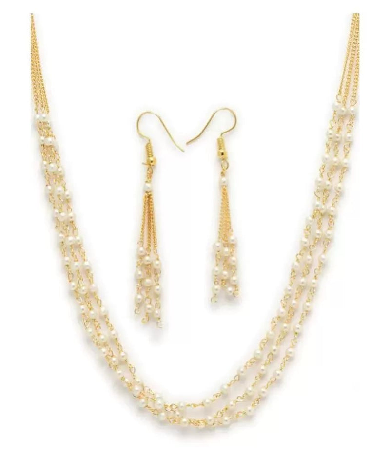 Gold-Plated Beaded Layered Necklace & Earrings Set