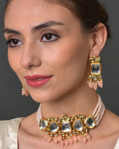 Gold-Plated Kundan-Studded Necklace & Earrings Set