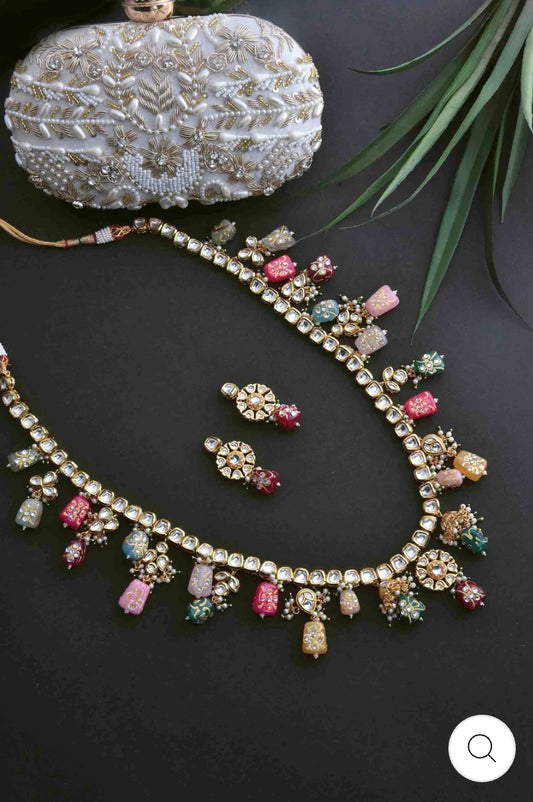 Gold-Plated Kundan-Studded Necklace & Earrings Set