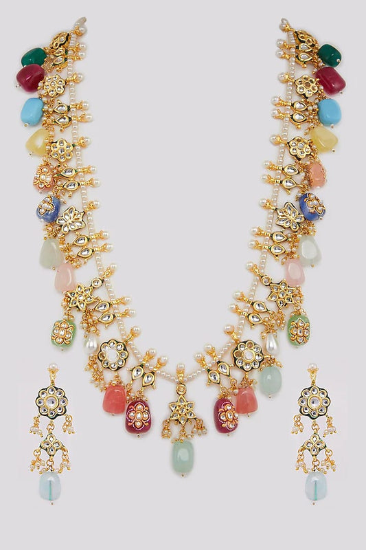 Gold-Plated Kundan-Studded Necklace & Earrings Set