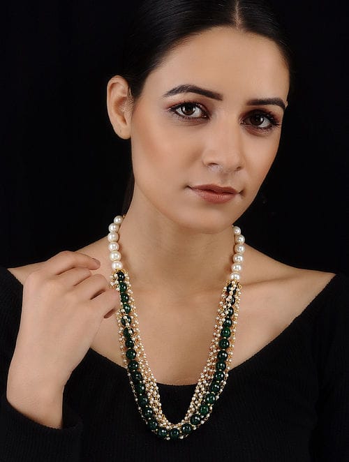White & Green Long Necklace