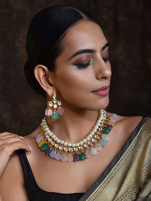 Gold-Plated Kundan-Studded Necklace & Earrings Set