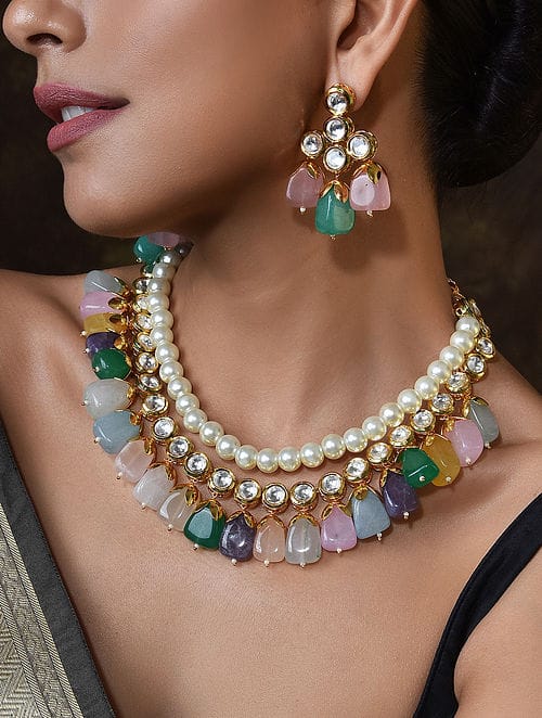 Gold-Plated Kundan-Studded Necklace & Earrings Set
