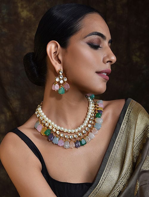 Gold-Plated Kundan-Studded Necklace & Earrings Set