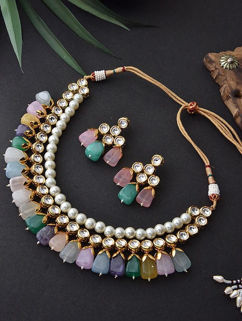 Gold-Plated Kundan-Studded Necklace & Earrings Set