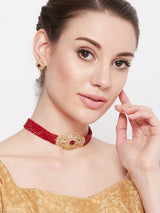 Gold-Plated & Maroon Stone-Studded Beaded Jewellery Set