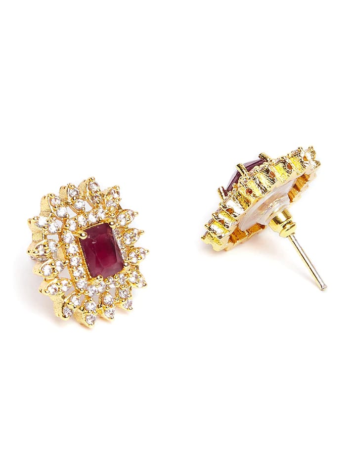 Gold-Plated & Maroon Stone-Studded Beaded Jewellery Set