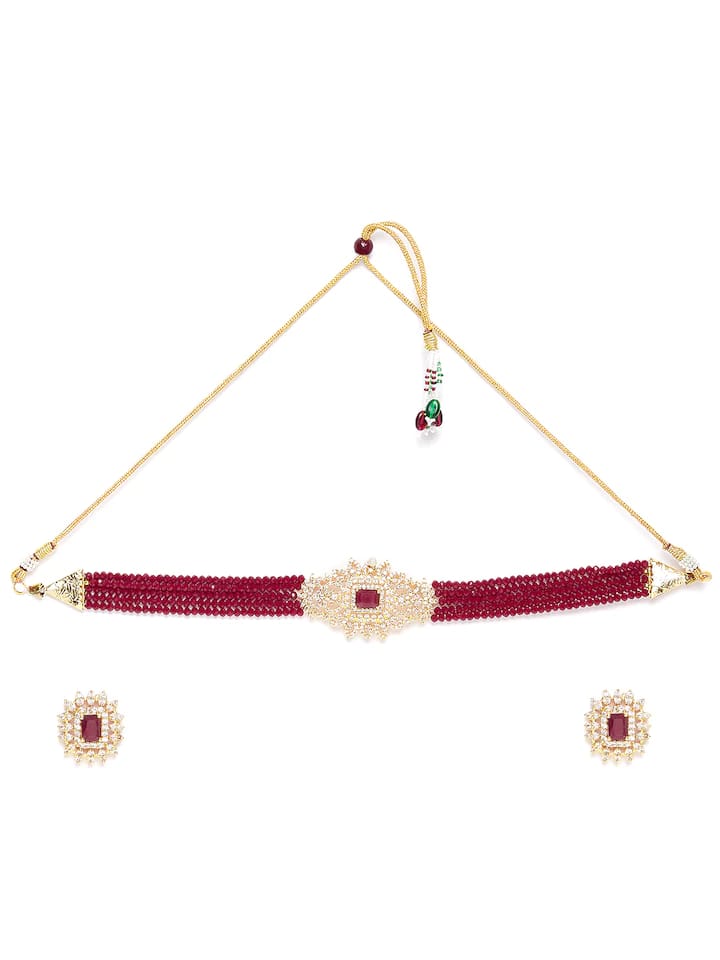 Gold-Plated & Maroon Stone-Studded Beaded Jewellery Set