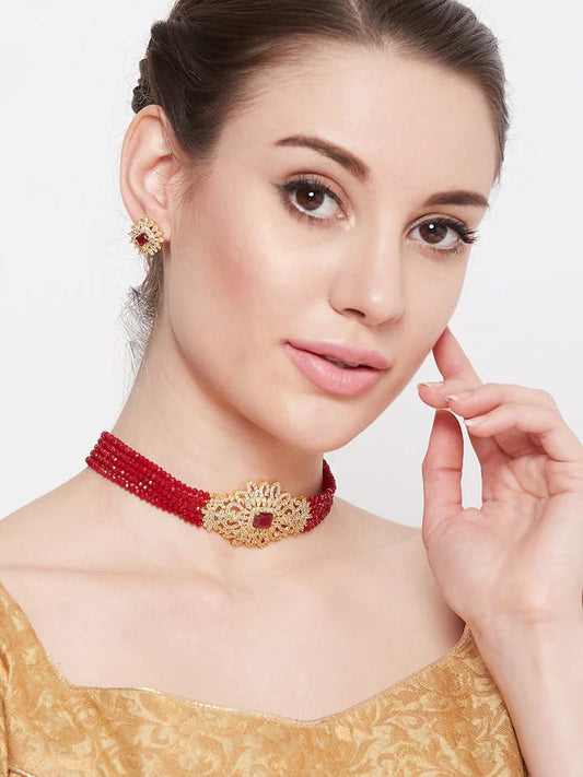Gold-Plated & Maroon Stone-Studded Beaded Jewellery Set