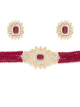 Gold-Plated & Maroon Stone-Studded Beaded Jewellery Set
