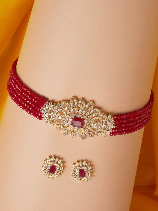 Gold-Plated & Maroon Stone-Studded Beaded Jewellery Set