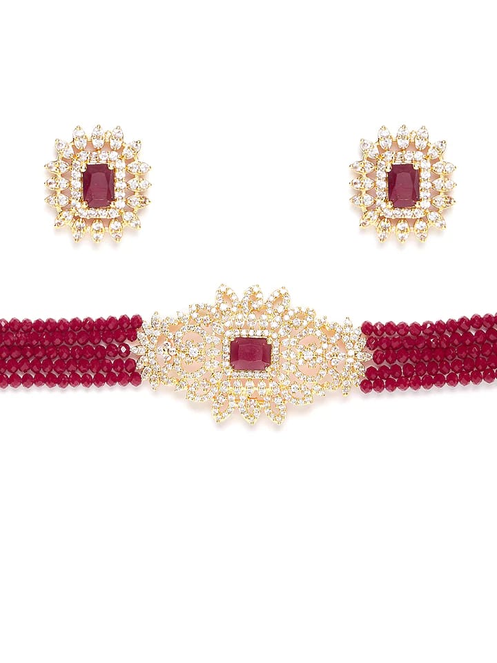 Gold-Plated & Maroon Stone-Studded Beaded Jewellery Set