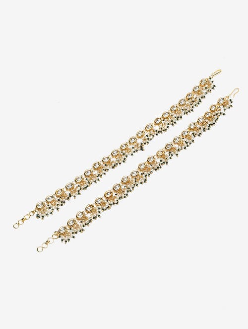 Gold Plated Kundan Pearl Tasselled Payals- Set Of 2