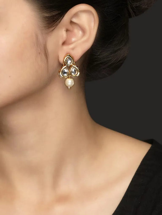 Gold Plated Kundan Polki And Pearl Earrings