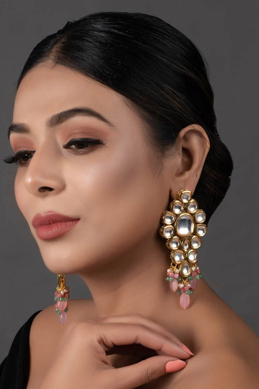 Gold Finish Stud Earrings With Kundan Polki Stone