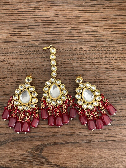 Gold-Plated Kundan & Maroon Beads Studded Earrings With Maangtika