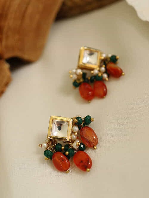 Gold Finish Stud Earrings With Kundan Polki Stone