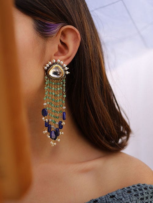 Traditional Silver Polki Earrings With Blue Stone