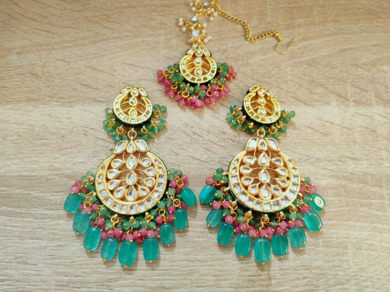 Indian Mint Kundan Earrings Maang Tikka Fashion Traditional Jewelry
