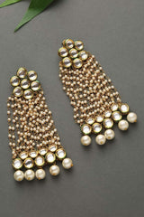 Gold Plated Kundan Floral And Leaf Carved Dangler Earrings
