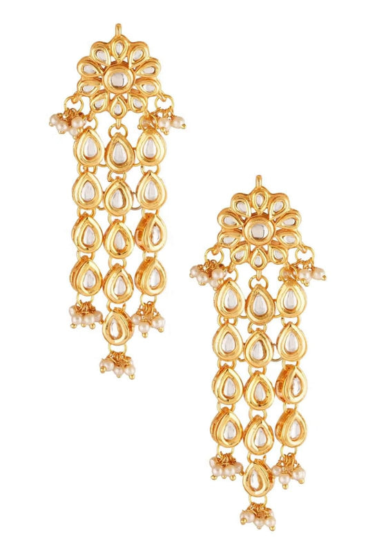 Gold Plated Kundan Stone Studded Dangler Earrings