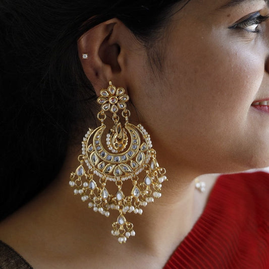 Gold Finish Kundan Stone Chaandbali Earrings