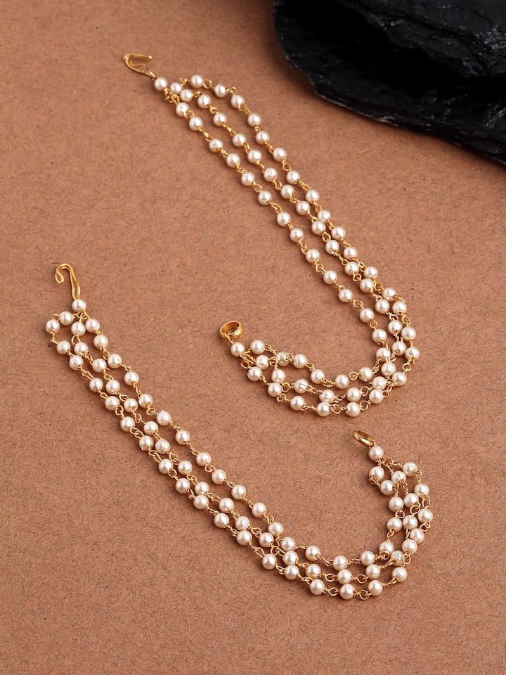Gold Finish Kundan Polki & Pearl Drop Ear Chains