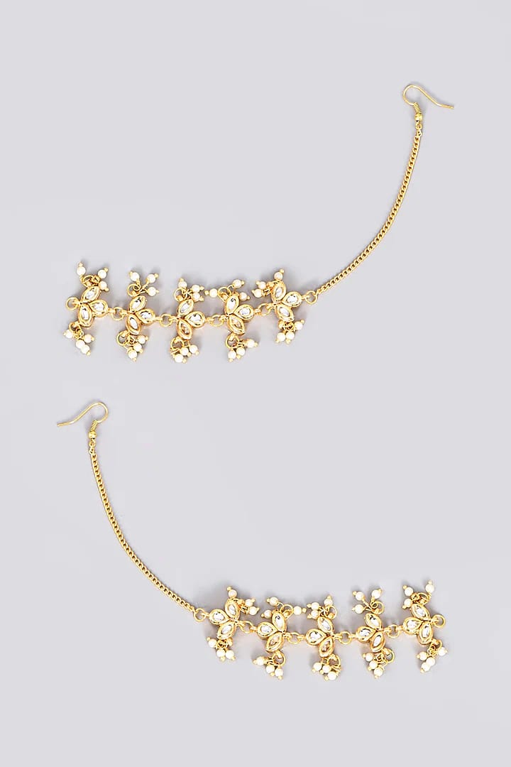 Gold Finish Kundan Polki & Pearl Drop Ear Chains