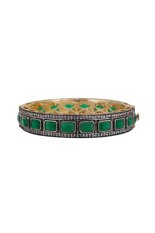 Gold Rodium Polish Green Openable Polki Bracelet Bangle