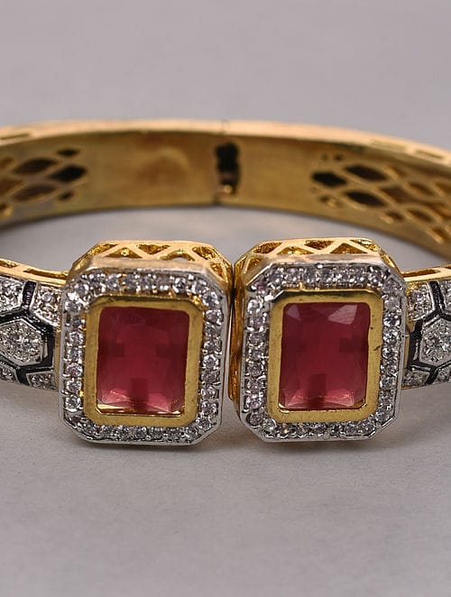 Gold Rodium Polish Red Openable Polki Bracelet Bangle
