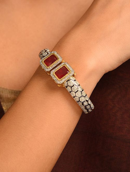 Gold Rodium Polish Red Openable Polki Bracelet Bangle