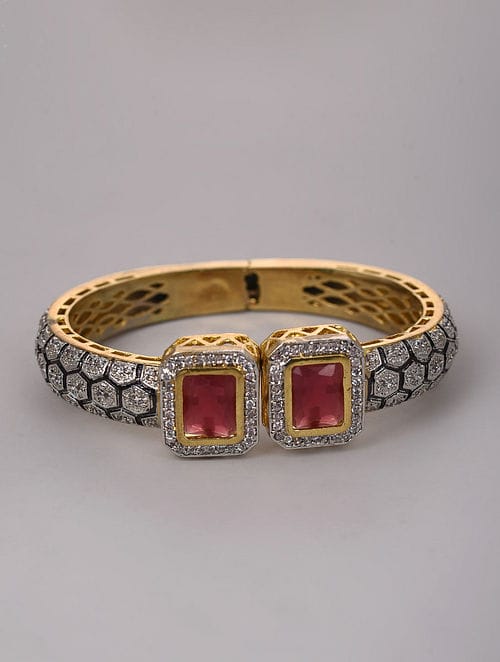 Gold Rodium Polish Red Openable Polki Bracelet Bangle
