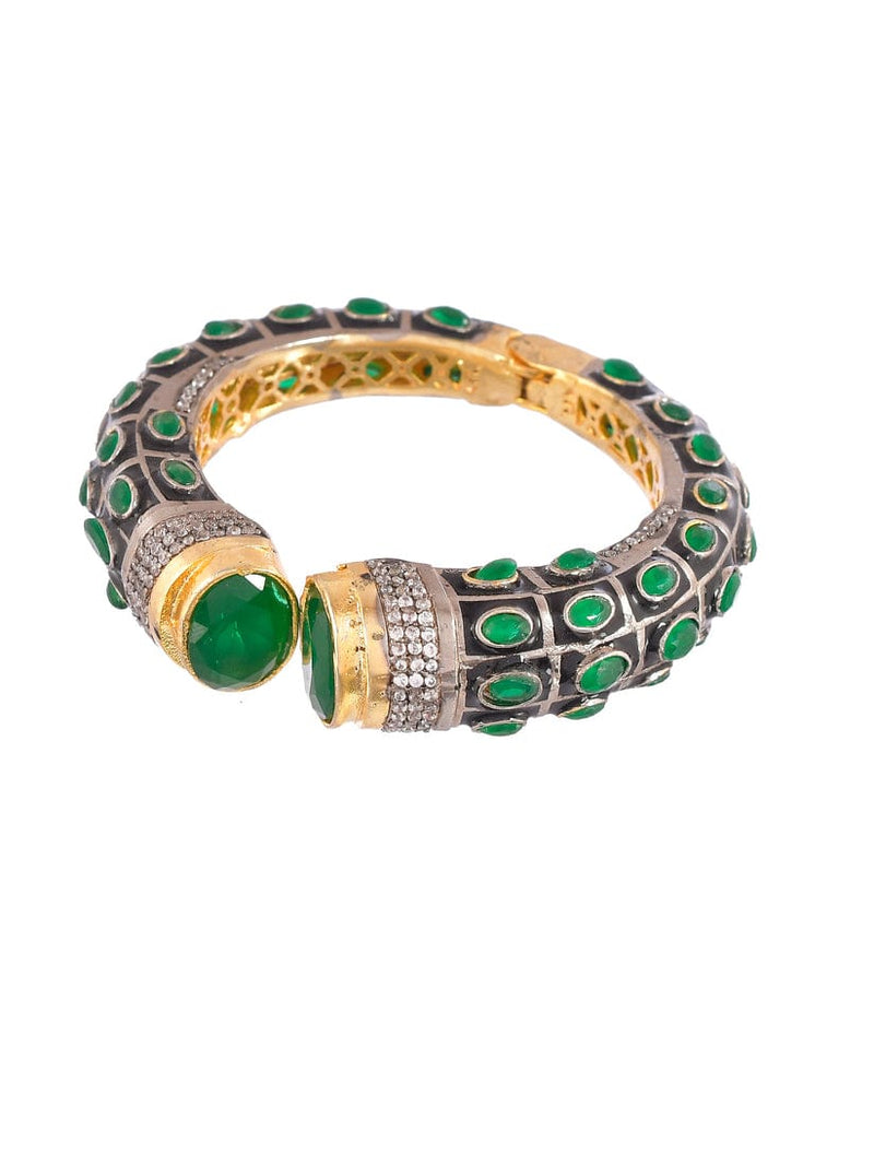 Gold Rodium Polish Green Openable Polki Bracelet Bangle