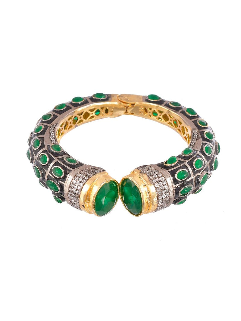 Gold Rodium Polish Green Openable Polki Bracelet Bangle